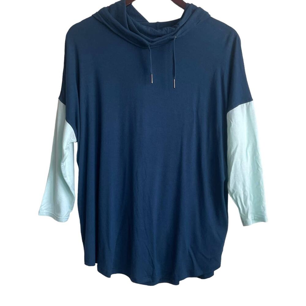 Gaiam Women Yoga Hoodie Top M Blue Color Block Soft Stretch Lounge Activewear